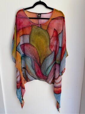 Cocoon House 100% Silk Sheer Watercolor Poncho Top | Wearable Art | One Size